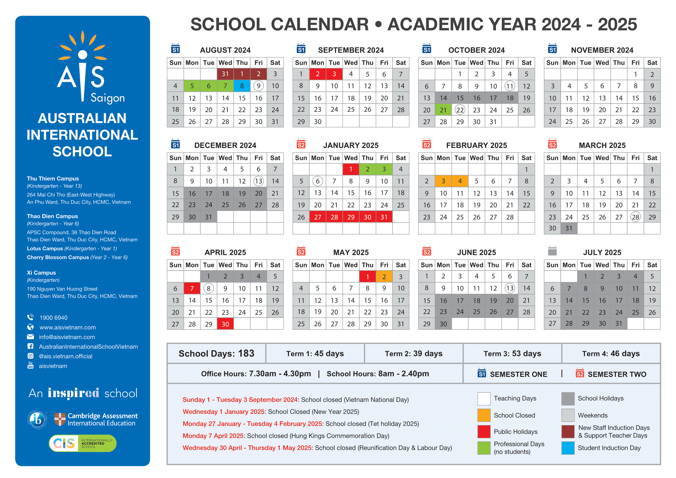 AIS Vietnam School calendar 2024-2025